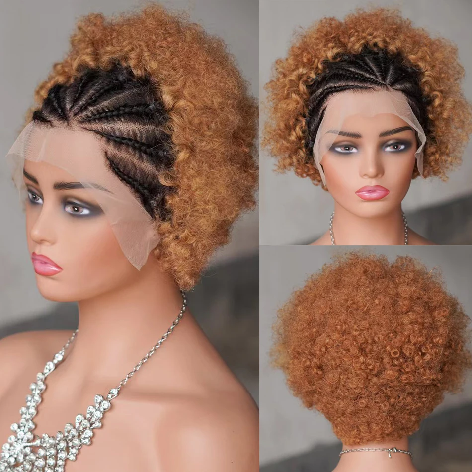 T1B/30 Ombre Color Afro Kinky Curly Human Hair Wig with Braids 13x4 Transparent Lace Front Curly Short Bob Wigs 250% for Women