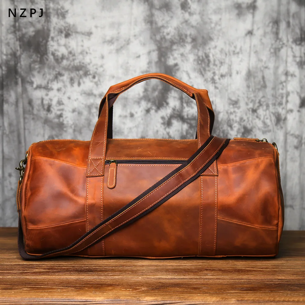 NZPJ Retro Genuine Leather Men's Travel Baotou Layer Cowhide Handbag Crazy Horse Leather Single Shoulder Crossbody Bag