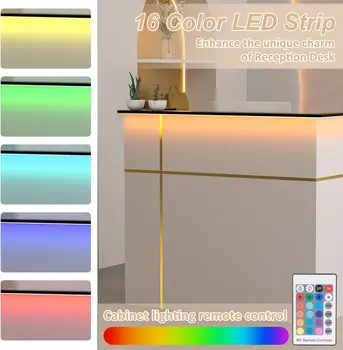 Reception Desk with Counter Modern Front Table Equipped Lockers Storage Shelves Checkout LED Lights DIY Stripe for Lobbies 4