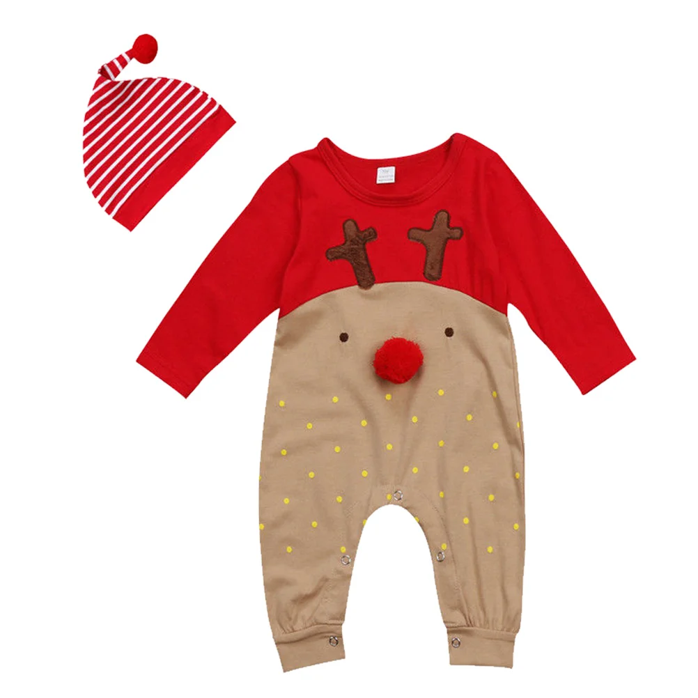 

1 Set Long Sleeve Reindeer Red Nose Cartoon Bodysuit Set Jumpsuit Stripe Hat for Christmas Newborn Boys Clothes ( Suit for 6-