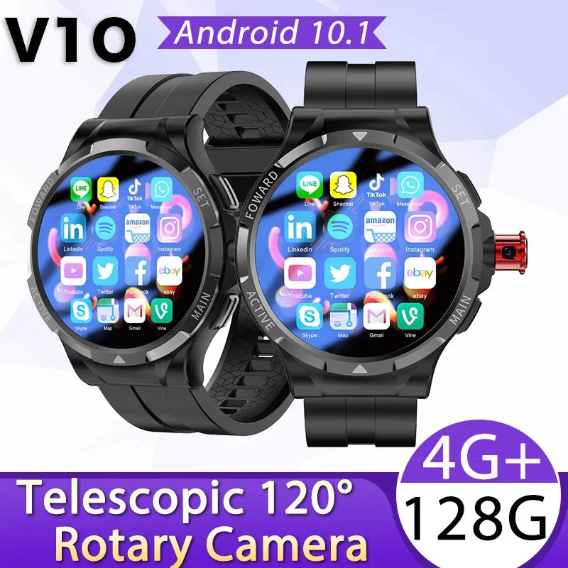 남성용 스마트 워치 업그레이드 칩 SIM 카드, V10, 4G + 128G ROM, 안드로이드 9, 텔레스코픽 120 ° 회전 카메라, 와이파이 GPS, 1.43 인치 스크린 스마트워치