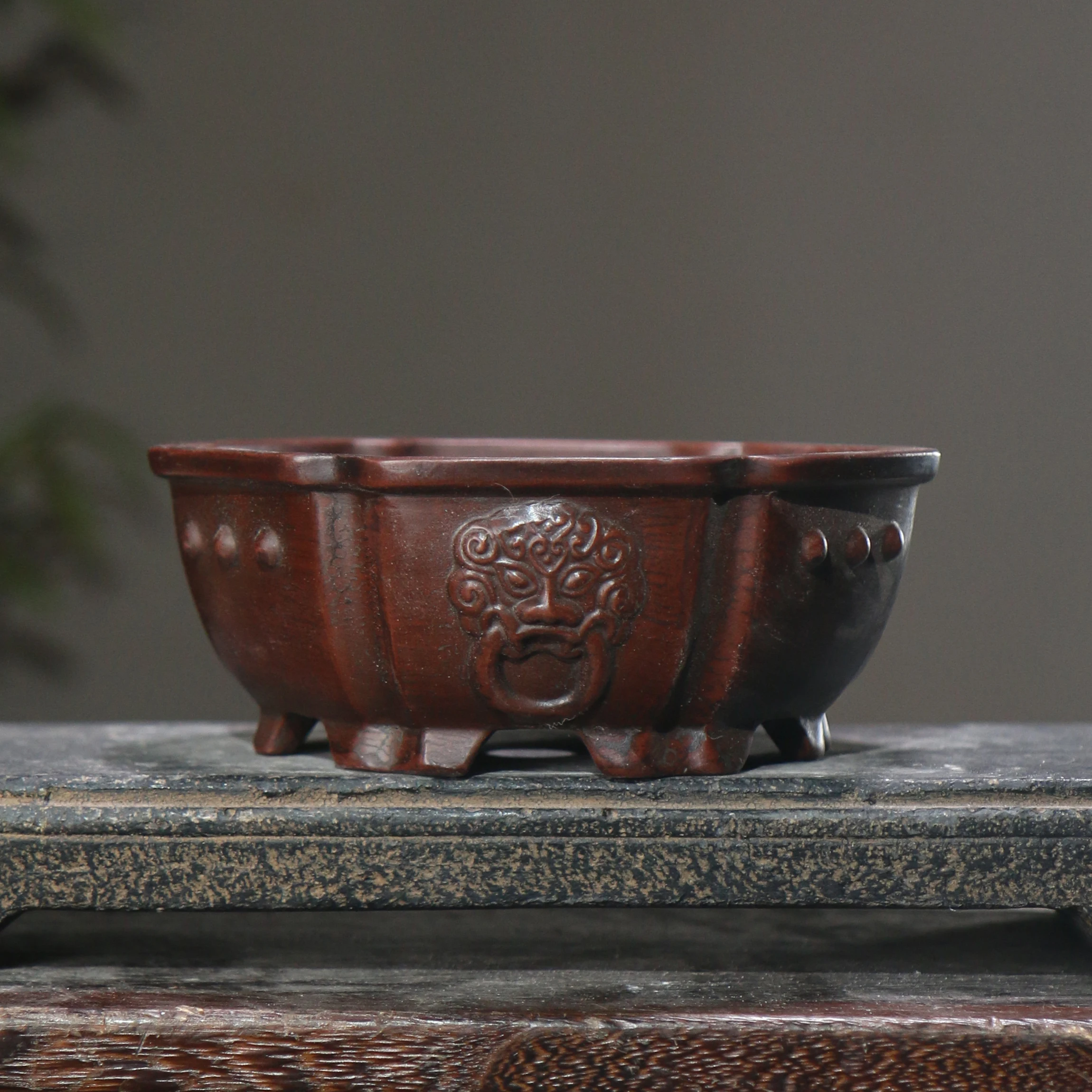 중국 고대 스타일 보라색 모래 화분, 세라믹 분재 화분, 6 면 화분, 홈 장식 화분, 구멍 1 개 