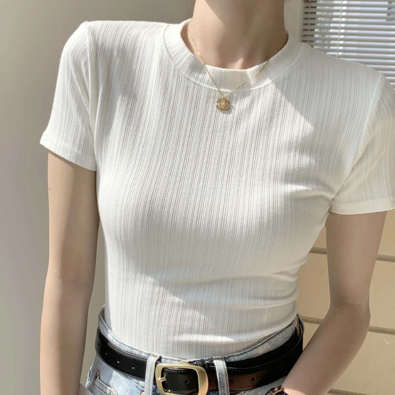 Sommerliches neues Damen-Rundhals-T-Shirt, gestricktes Kurzarm-Oberteil, lässiges Allround-T-Shirt, gestreiftes Basic-Shirt, schmal geschnitten, atmungsaktiv
