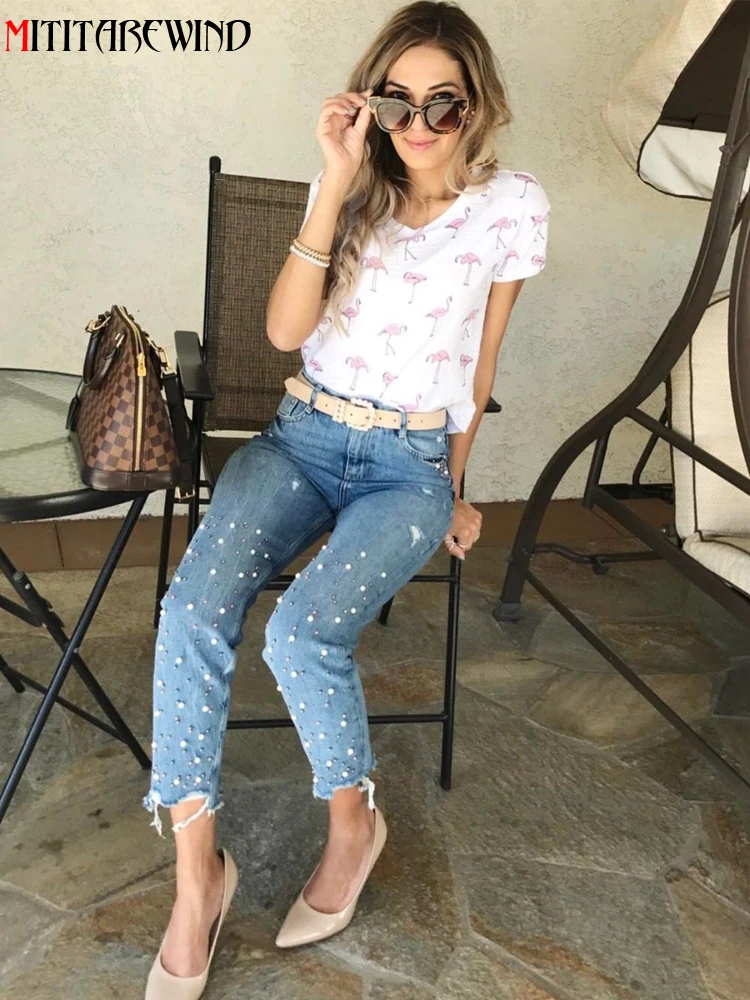 

High Waist Denim Trousers Women Fashion 3 Color Pearls Irregular Hem Tassel Ripped Jeans Femme Slim Fit Denim Pants Women