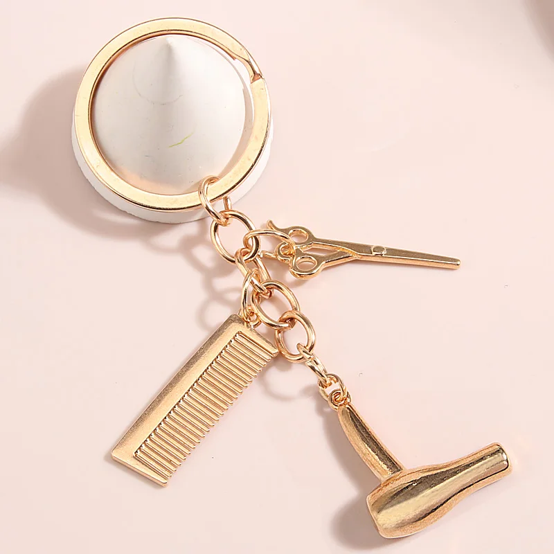 Hairdressing keyring stylist bag charm scissors hairdryer Gold keychain gift 616 