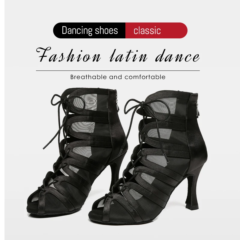 DKZSYIM Mesh Latin Dance Shoes Women/Ladies Ballroom Lace-Up Dance Boots Soft Suede Fashion Shoes High Heels 6-10CM dance shoes