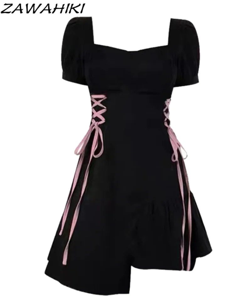 

Oversize Sweet Irregular Slim Waist Y2K Aesthetic Dress Women Contrast Color Bandage Summer Square Collar Solid Vestidos Mujer