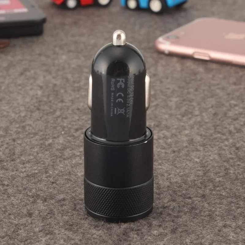 범용 듀얼 USB 자동차 충전기 어댑터, 금속 평면 휴대 전화 범용 충전 2.1V 소형 강철 대포 자동차 충전