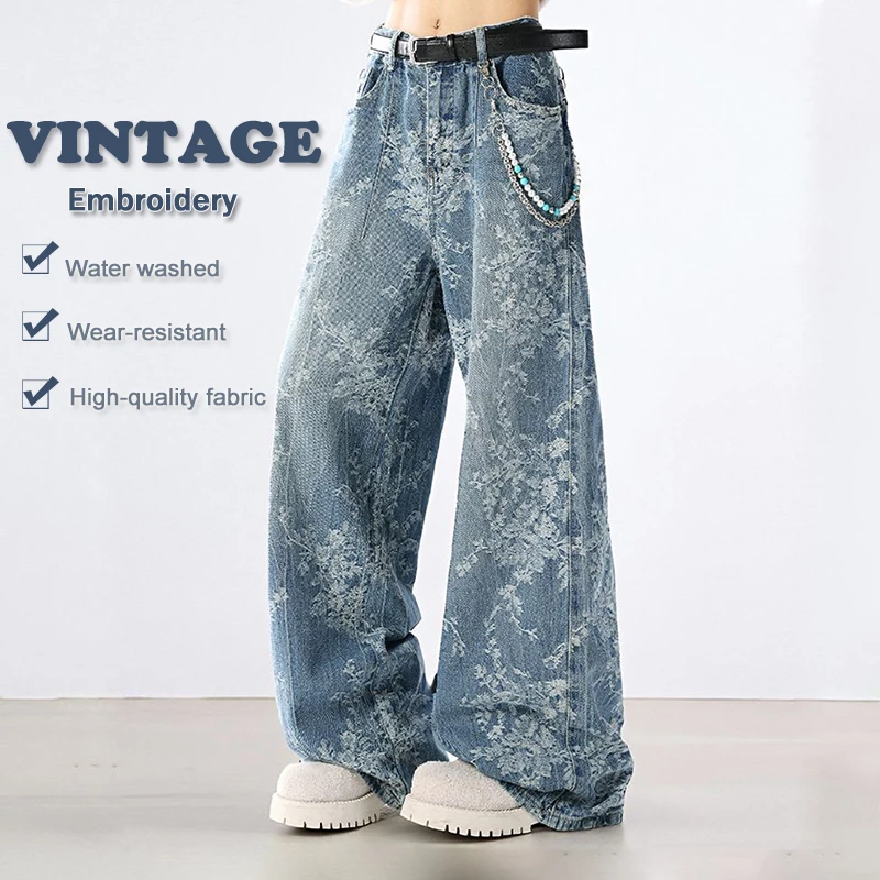 Embroidered Retro Wide-Leg Jeans, Autumn Winter Collection