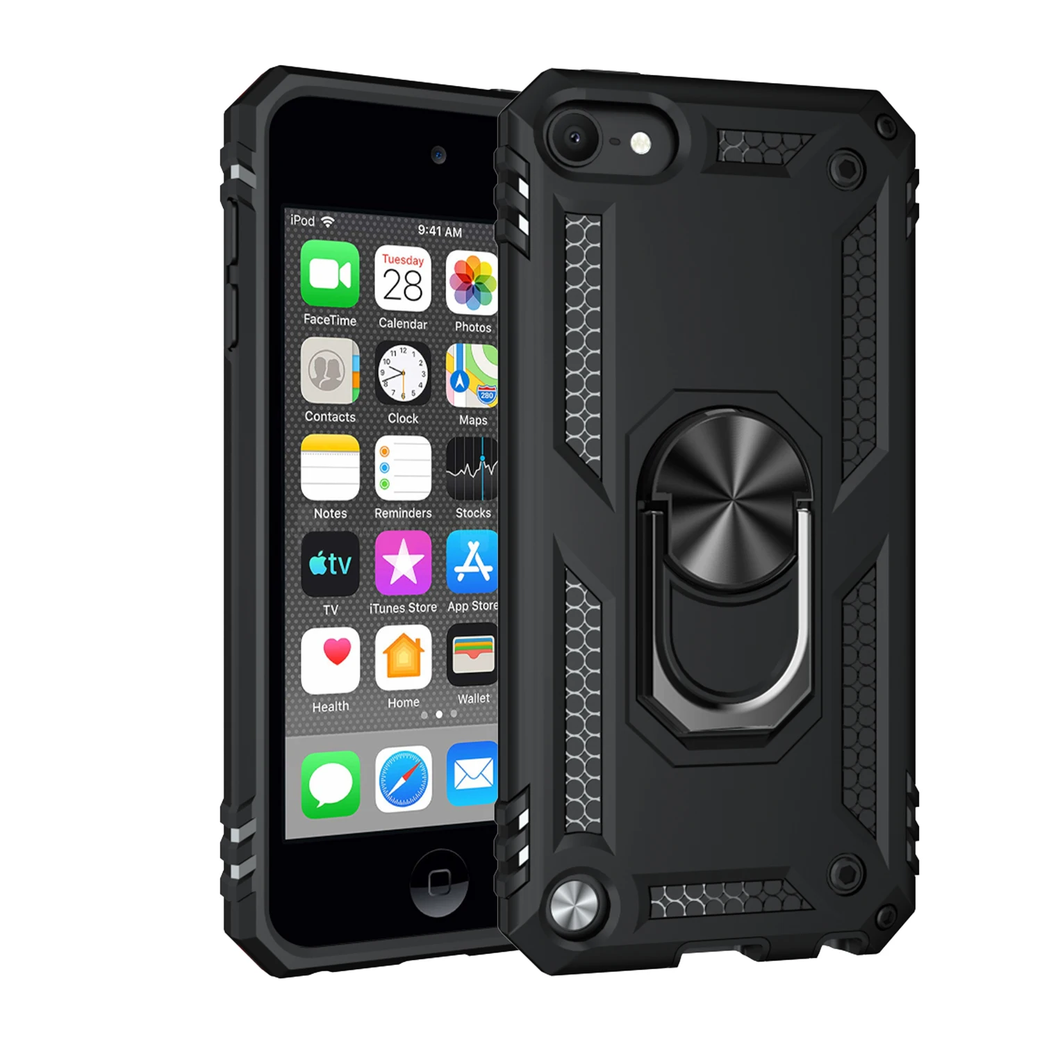 Magnetic Metal Finger Ring Holder Armor Shockproof Case with TPU Bumper and Hard PC Back Cover