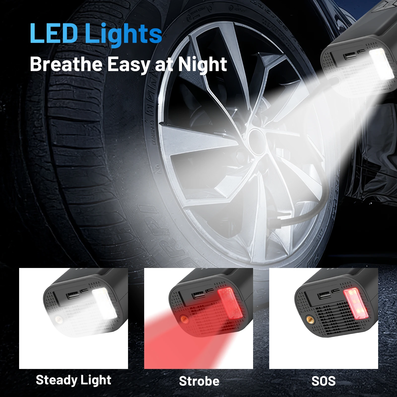 150PSI Cordless Air Pump 12V Tire Air Compressor LED Light USB Rechargeable Full-Screen Digital for Car Motorcycle Bicycle