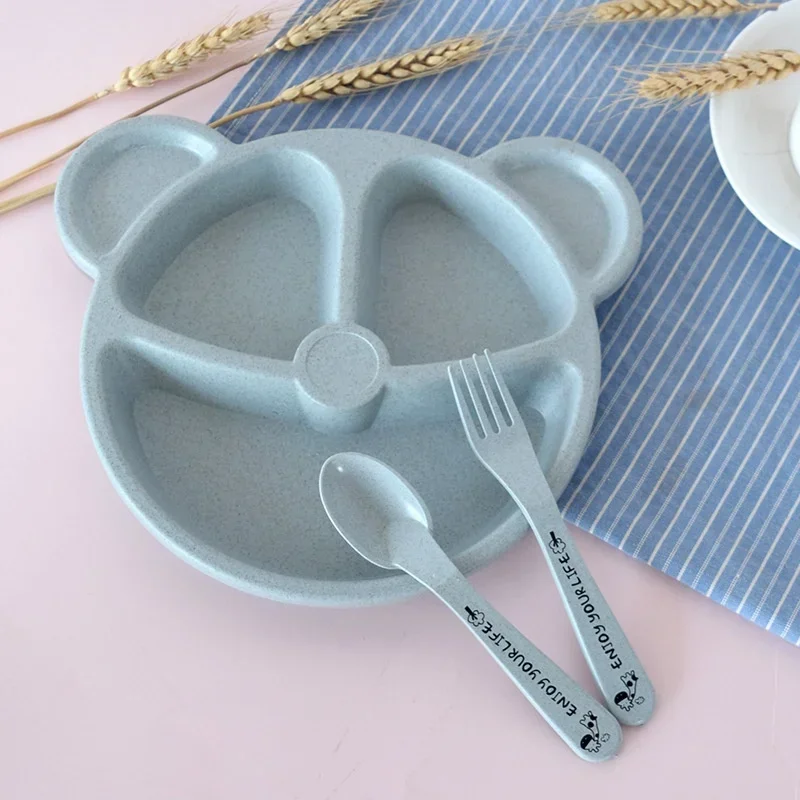 Tableware set silicone tableware wooden tableware 1 Set Baby Bowl Spoon Fork Feeding Tableware BPA Free Cartoon Bear Kids Plates