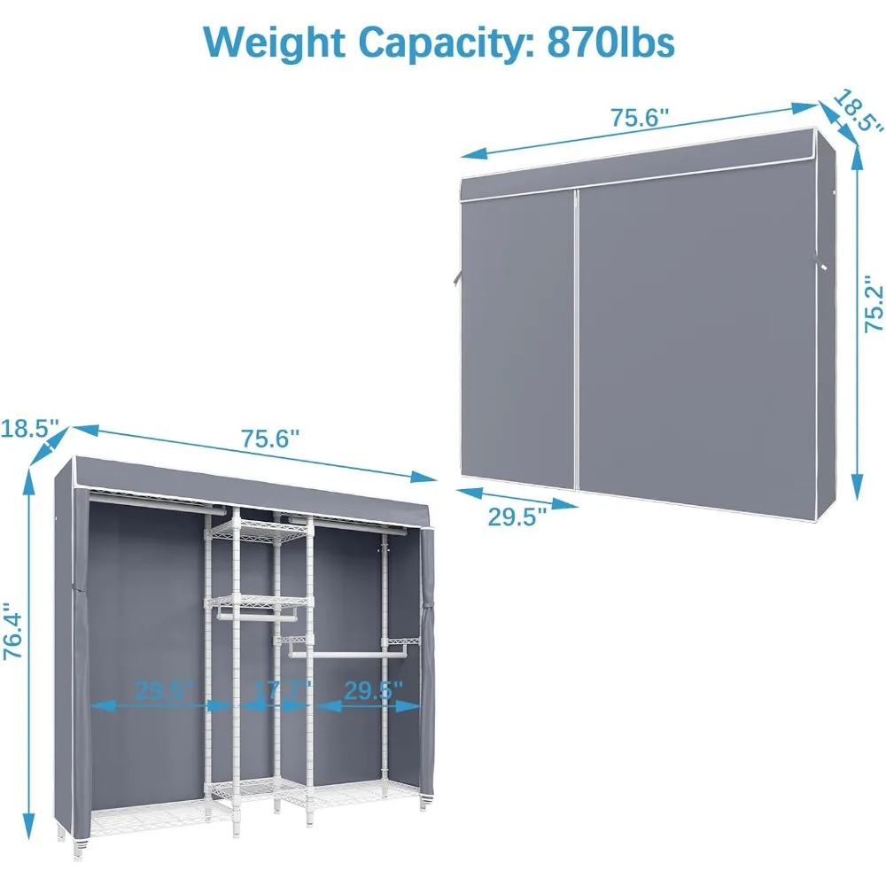 V6C Heavy Duty Covered Clothes Rack Portable Wardrobe Closet, 5 Tiers Wire Garment Rack White Metal Clothing Rack 5