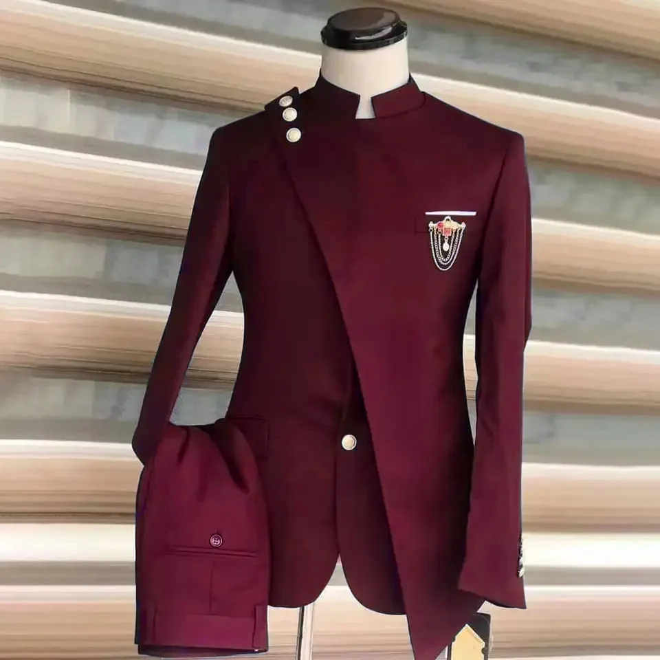 Men Pant Suit Black Fashion Formal Wedding Slim Fit Groom Tuxedos Jacket Chic Stand Collar Business Lrregular Blazer 2 Piece Set