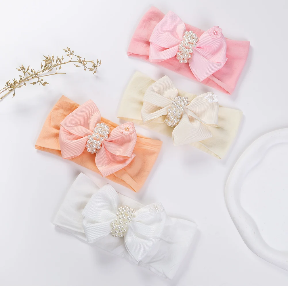 Solid Nylon Baby Headbands Pearl Knotted Ribbon Hair Bows