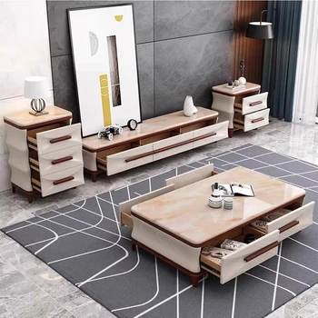 Mobili da soggiorno moderni e di lusso Linlamlim: tavolino da caffè, mobile TV e mobili laterali con finitura in marmo e accenti in legno