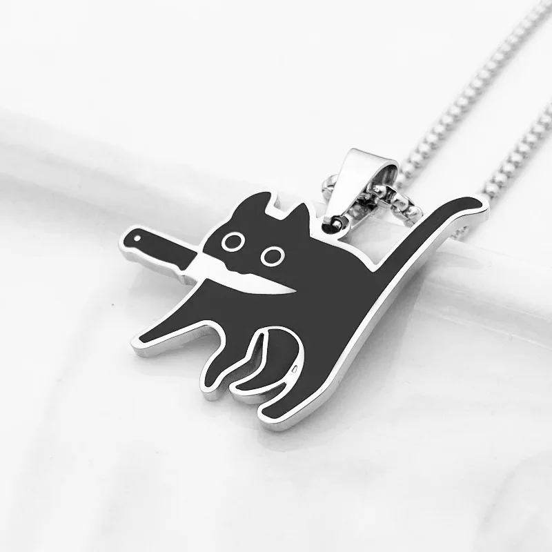 Hip Hop Titanium Stalen Killer Cat Ketting voor Vrouwen Mannen Schattige Punk Retro Doodle Zwarte Kat Hanger Ketting Nieuw Sieraden Cadeau_voghion.com