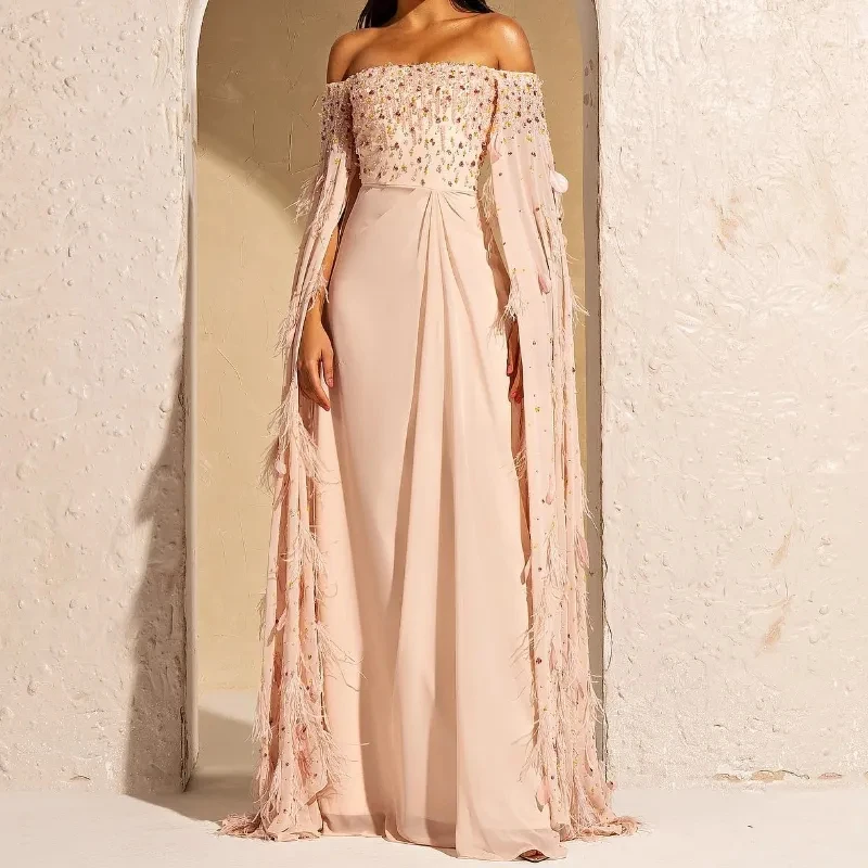 

VENUS 2024 Strapless Prom Dresses Cape Plus size Formal Dresses Beading Feathers Evening Dress Floor-Length Party Dress