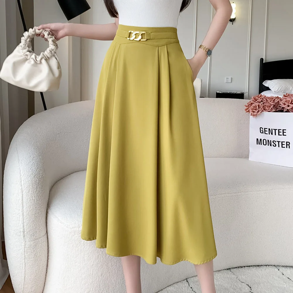 

2023 Summer Elastic High-Waist Metal Buckle Skirts Elegant Fashion Long Skirts Womens Large Swing Solid Color Umbrella Skirt
