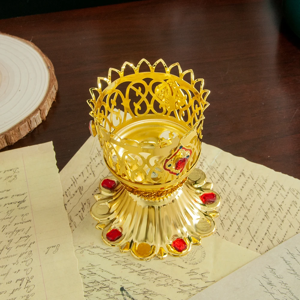 Orthodox Church Candle Holder Gold Plated Single Candlestick with Colored Enamel Religion Church Home Table Easter Decor