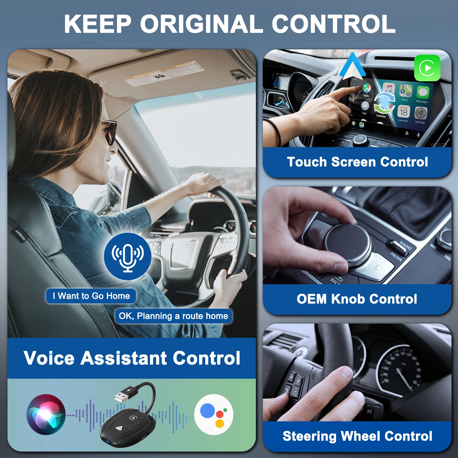 Wireless Android Auto & Apple CarPlay 2 in 1 Adapter 5.8 GHz For Factory Wired CarPlay Cars