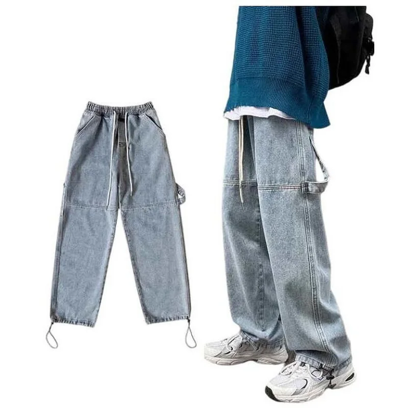Elastic Waist Jeans Men's Straight Loose Hip Hop Street Jeans Mopping Wide Leg Daddy Pants