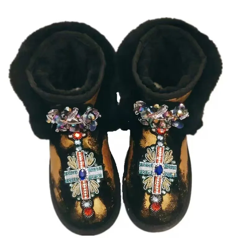 

Sequin Graffiti winter with fleece warm fox hair boots Rhineau hand custom fur one-piece boots women's 35-39