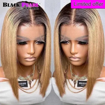 Ombre Straight Bob 13x6X2 Lace Front Wigs Human Hair Short Bob Wigs Ash Blonde Remy Hair Pre Plucked Glueless Wig with Bangs