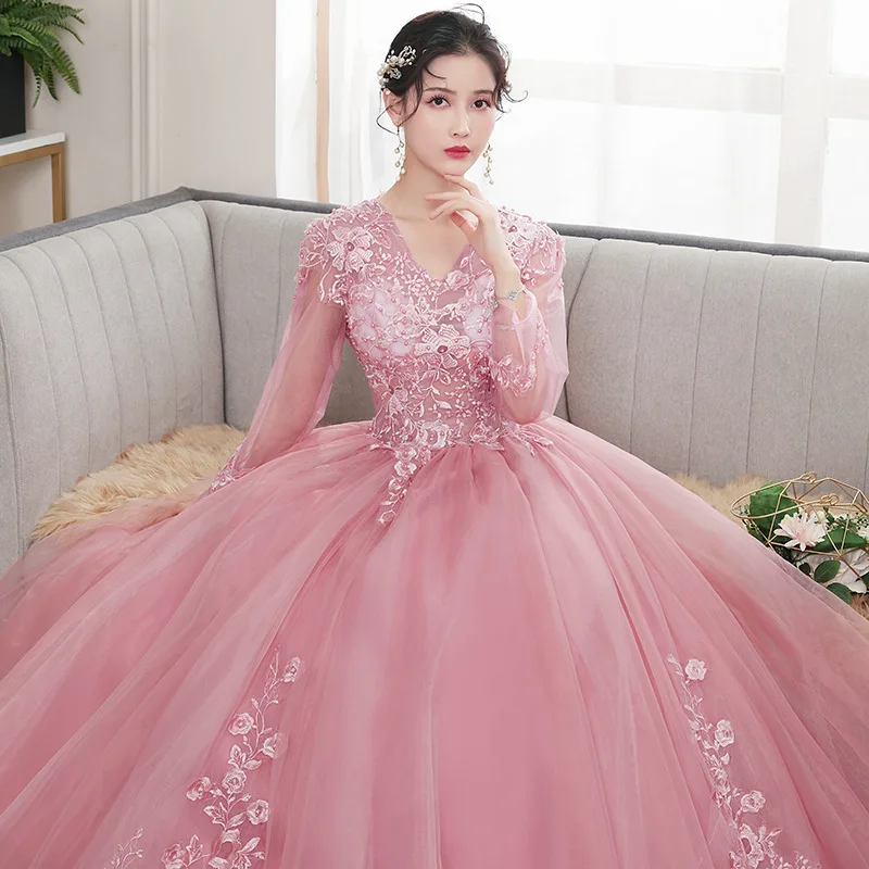 Bean Paste Pink Long Sleeves Quinceanera Dresses 15 Party Fashion V-Neck Floral Applique Princess Birthday Party Gowns Vestidos