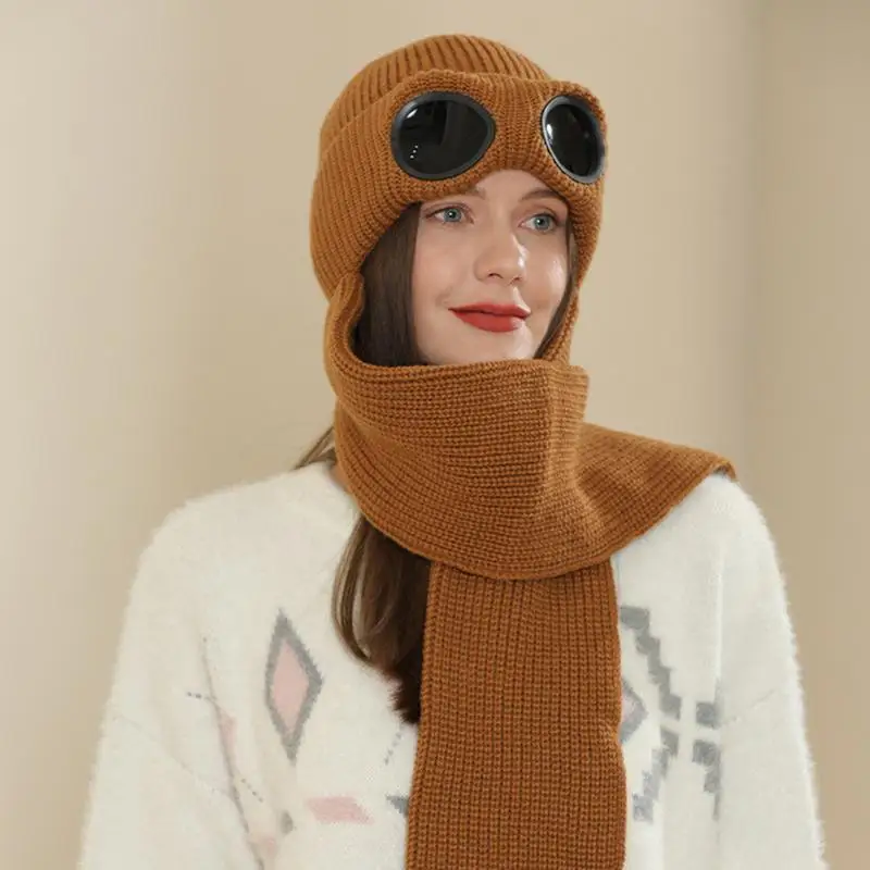 Warm Conjoined Ear Knitted Hat Windproof Hats With Goggles Windproof Ear Protection Hat Soft Winter Knitted For Men Women