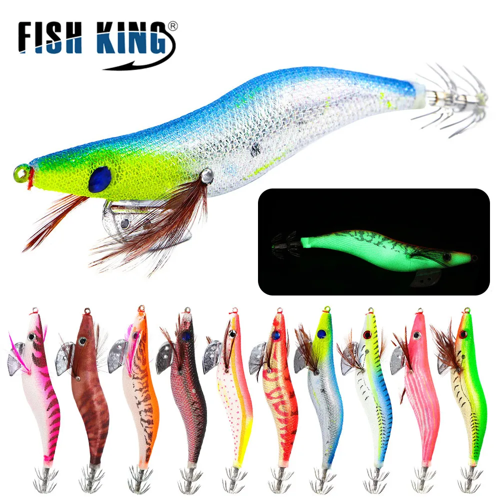 FISH KING 1PC Size 2g 2.5g 3g 3.5g Artificial Squid Hook Luminous Jigs Lure Fishing Shrimp Lure Bait Plastic Noctilucent Pesca