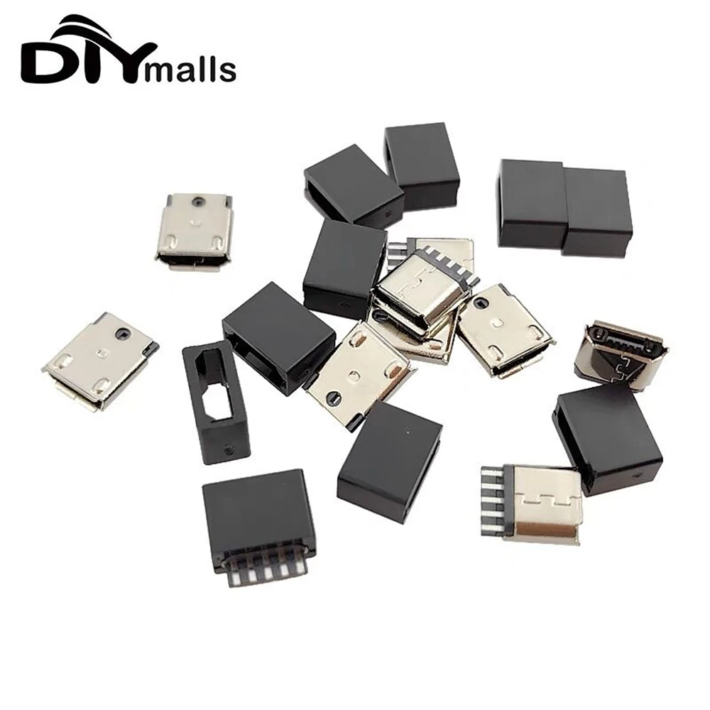 100sets 5Pin Micro USB Connector Kit Welding Wire Female Port Sockect Plug with Black Cover 5P for Android phone data connector