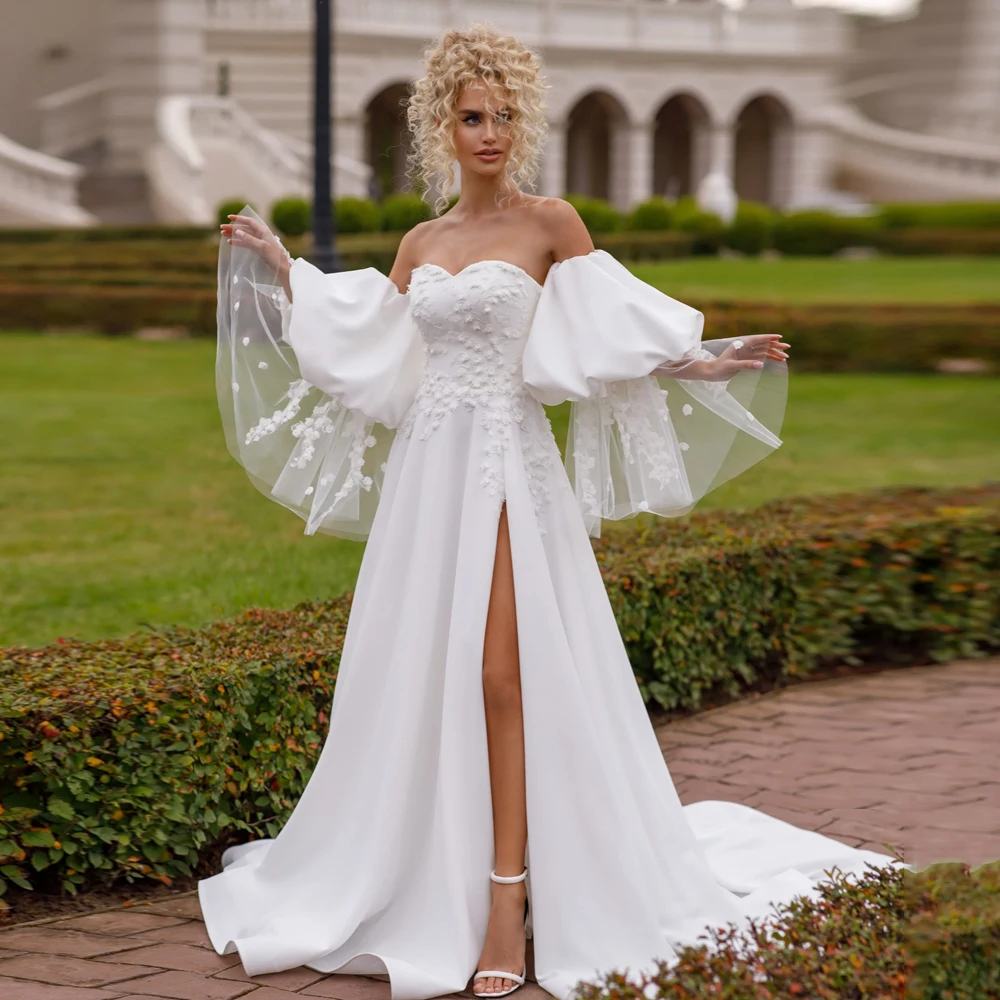 

Modern Wedding Dresses Sweetheart Neck Long Puff Sleeves A-Line Bridal Gowns Appliques Sweep Train Front Slit Vestidos De Novia