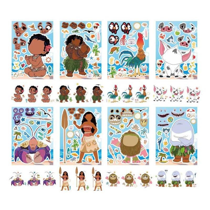 Disney Cartoon Moana DIY Make a Face Puzzle Stickers 8/16Sheets DIY Children Cartoon Funny Assemble Jigsaw Scrapbooking Decals puzzle stickers