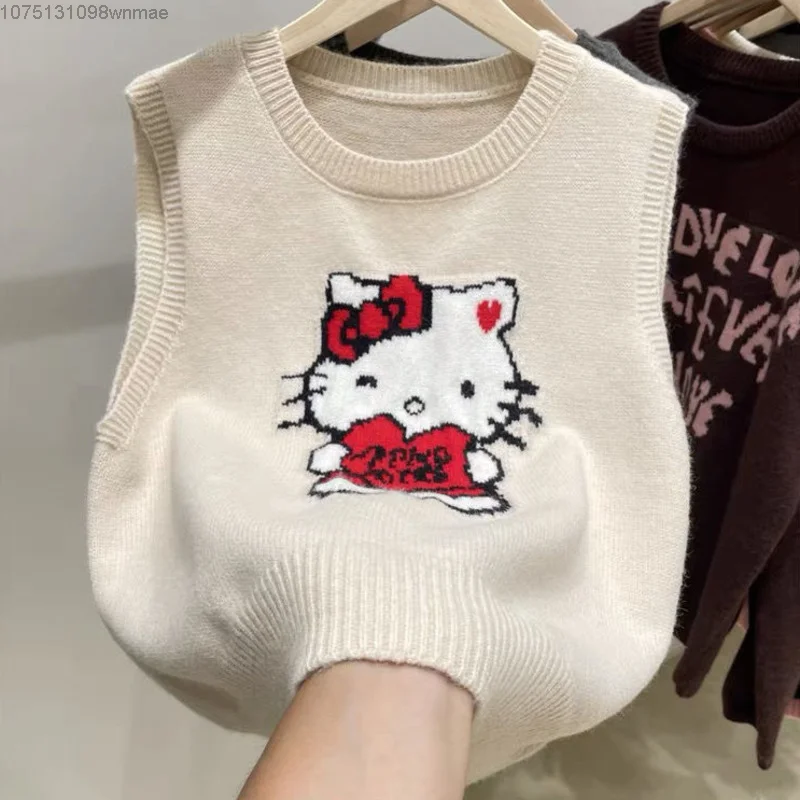Sanrio Hello Kitty Knitted Vests Women's Korean Style Cute Cartoon