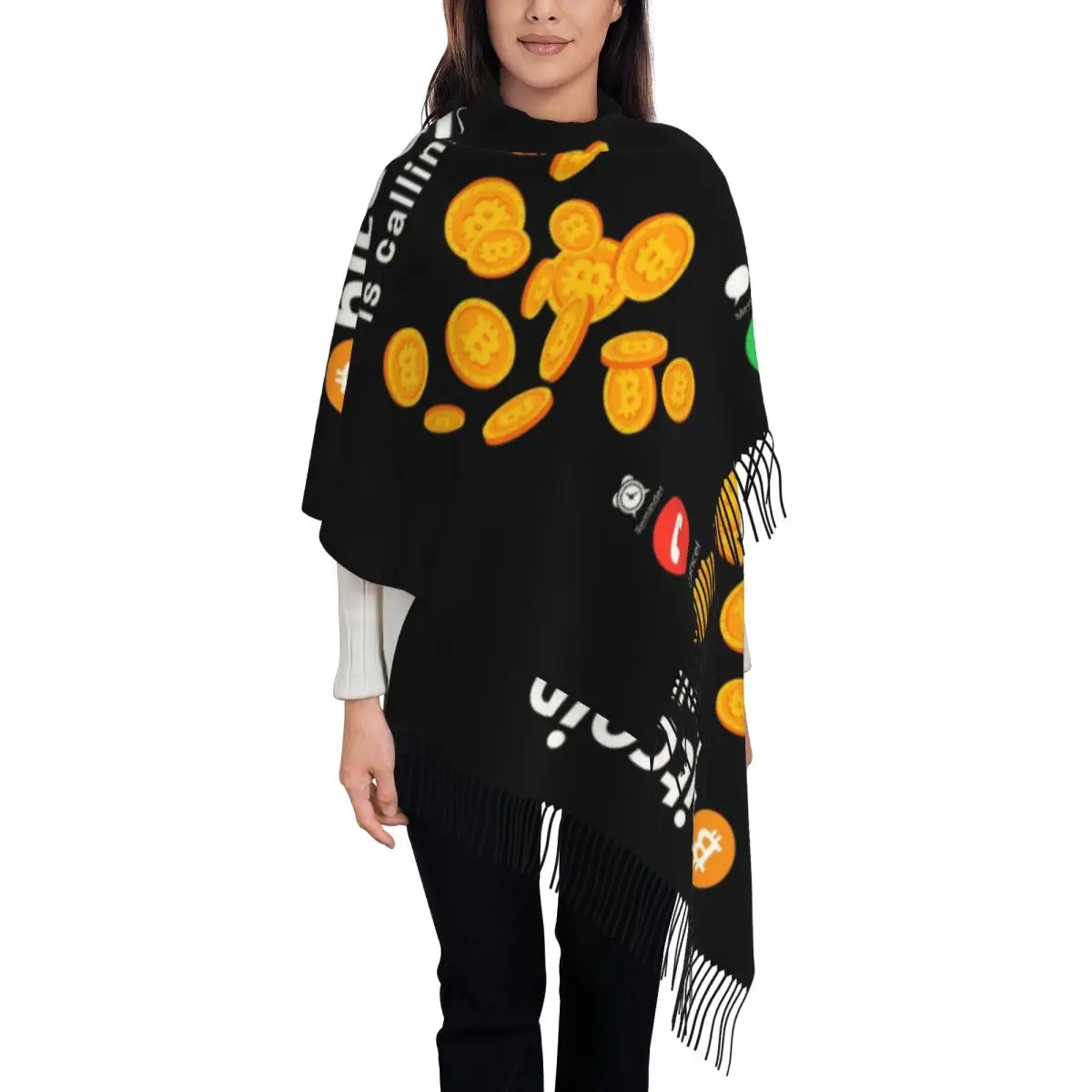 

Bitcoin Is Calling Tassel Scarf Women Soft BTC Cryptocurrency Blockchain Shawls Wraps Lady Winter Fall Scarves