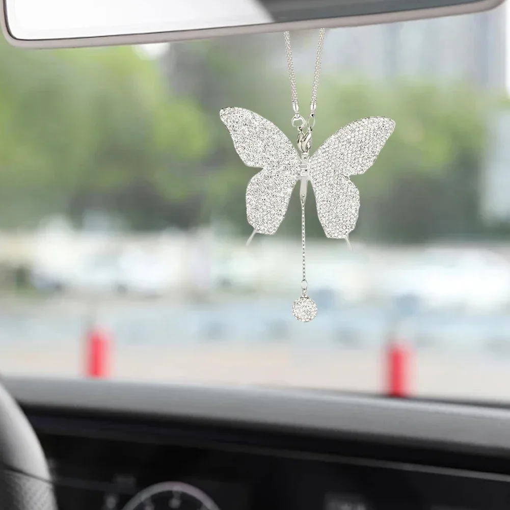 Bling Butterfly Pendant Car Rearview Mirror Hangings Charms Bag Pendant Women Girl Gift Ornaments Auto Interior Decoration