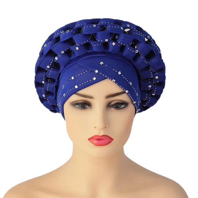 Inlaid with Diamonds African Pattern Pre-Tied Bonnet Turban Knot Cap Headwrap Hat Auto Gele Robe Africaine Aso Oke Ready To Wear Cap053