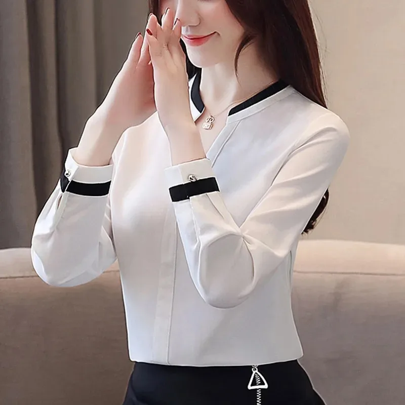 Women's V-Neck Chiffon Blouses Blue Shirt Loose Beading Tops Elegant Clothes Solid Fashion Spring 2412