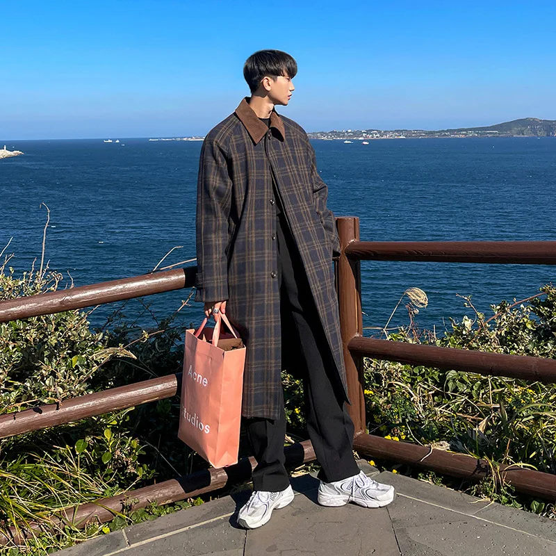 Japanese Plaid Fur Coat Men's Mid Length Autumn and Winter Trend Korean Trench Coat Loose Casual Coat