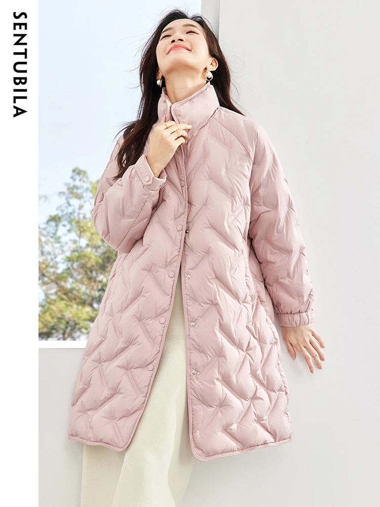 SENTUBILA Women's Winter Mid-Length Down Jacket 90 White Duck Down Coats 2023 Stand Collar Classic Warm Puffer Jackets W34Y49562