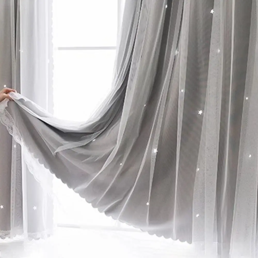 1 Pc Non-perforated Hollow Star Curtain Double Layer Self-Adhesive Stars Blackout Curtains Detachable Washable Bedrroom Curtain
