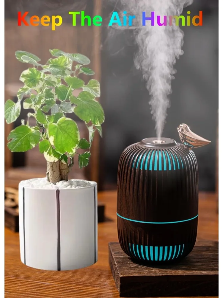 나뭇결 무늬 새 모양 가습기 7색 LED 무드등 280ml USB 저소음 초음파 쿨 미스트 가정용 침실 사무실 책상 차량용