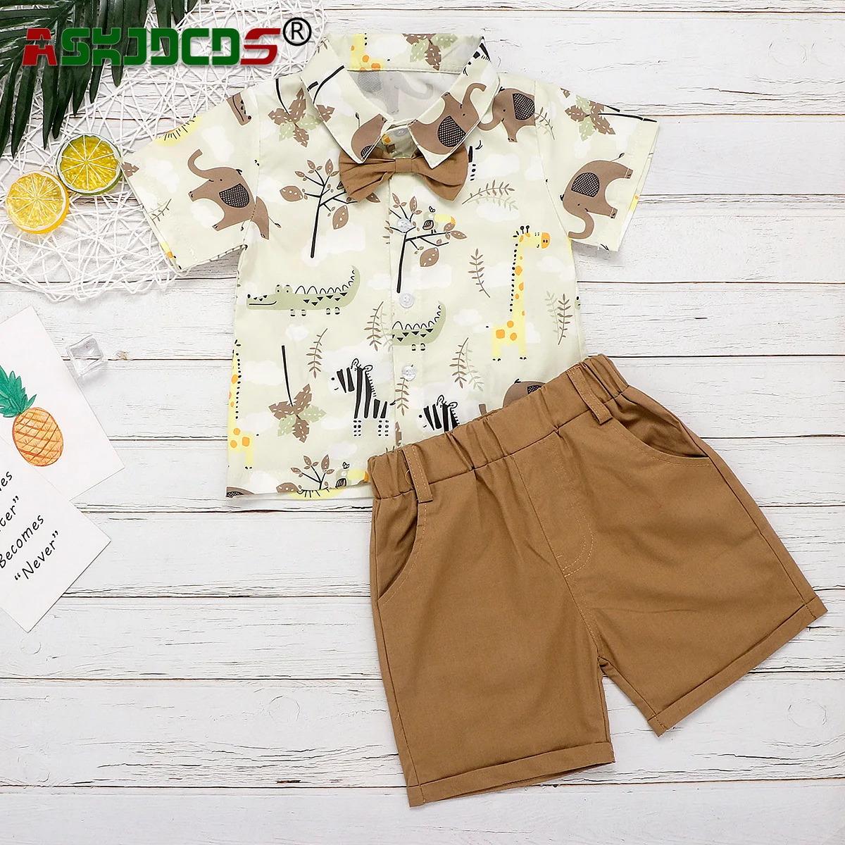 

2023 New In Summer Kids Baby Boys Short Sleeve Cartoon Print Top Shirts + Solid Color Shorts Children Fashion Clothing Set 2pcs
