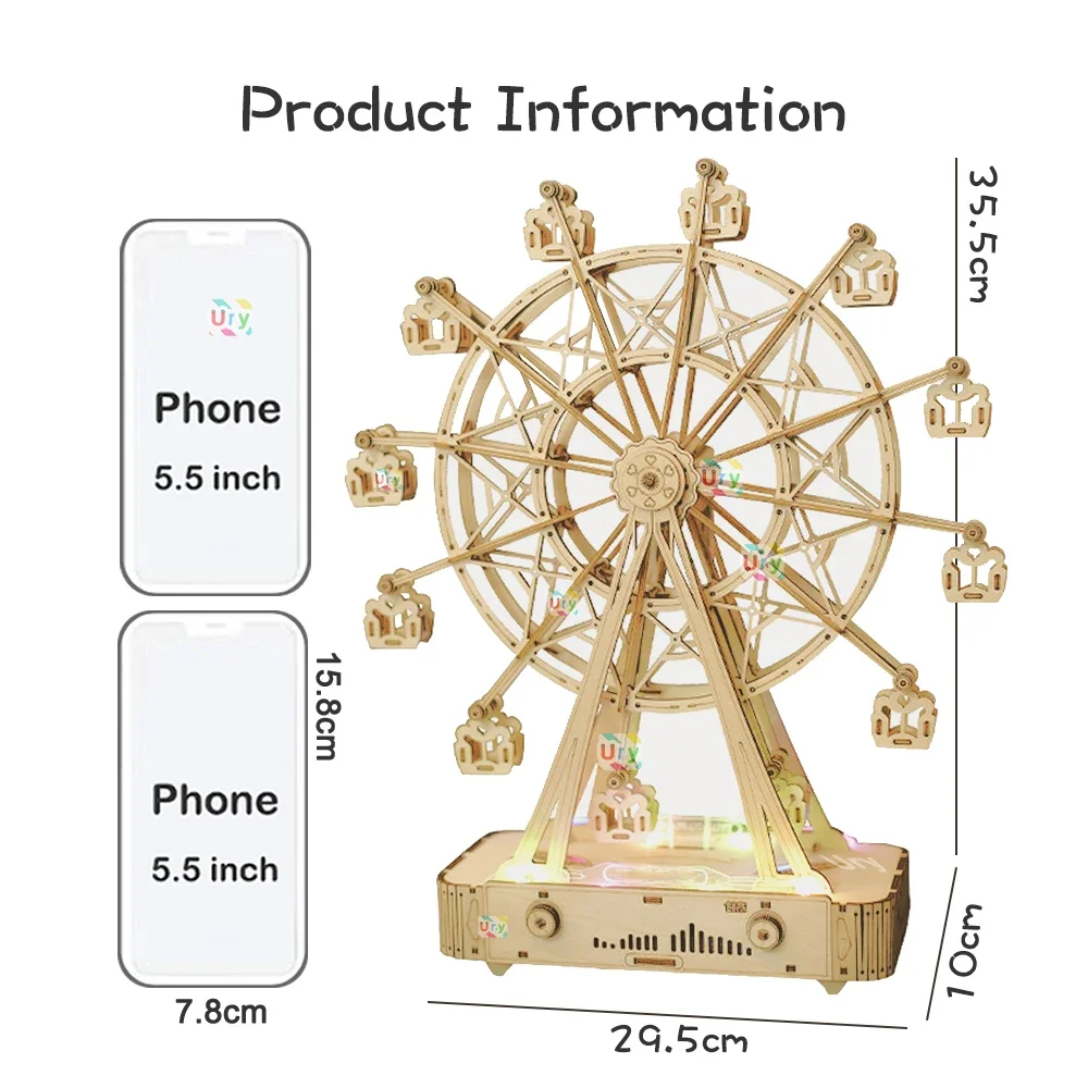 Ury-Puzzles 3D en Bois avec LED Colorée, Grande Roue Rotative, Boîte à  Musique Octave, Kit Mécanique, Décor d'Assemblage, Cadeau DIY pour Enfant  et