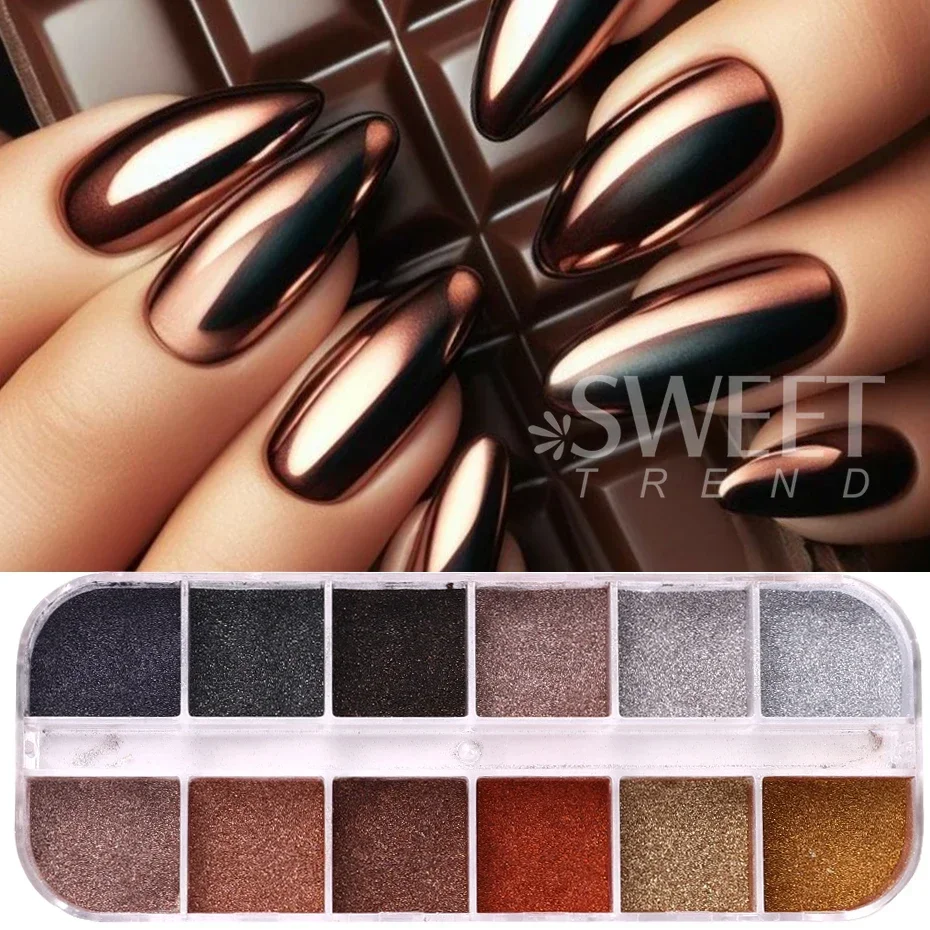 Nail Powder Nail Glitter Nail Pigment 12 Grids Winter Magic Mirror Nail Glitter Powder Dark Brown Gold Silver Pigment Trending Rubbing Dust Manicure Accessories