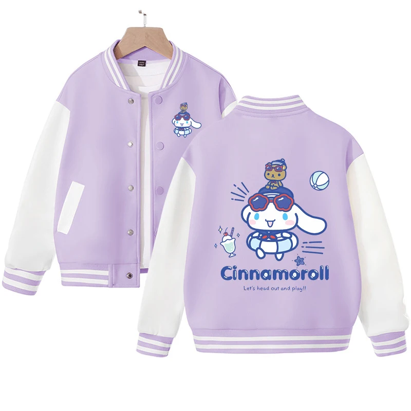 

MINISO Cinnamoroll бейсбольная куртка, свитшот, детские куртки для девочек, уличная одежда, пальто для колледжа, мультяшный детский топ Y2K, подарок для студентов