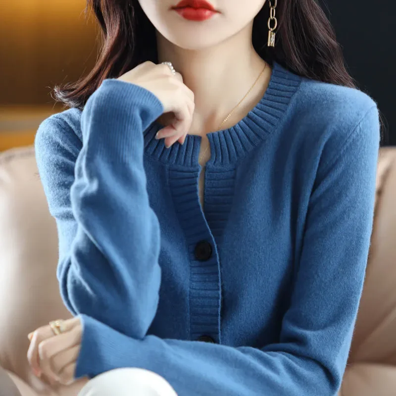 

Spring and Autumn New Round Neck Long-sleeved Cardigan Female Temperament Solid Color Single-breasted Sweater Jacket Women