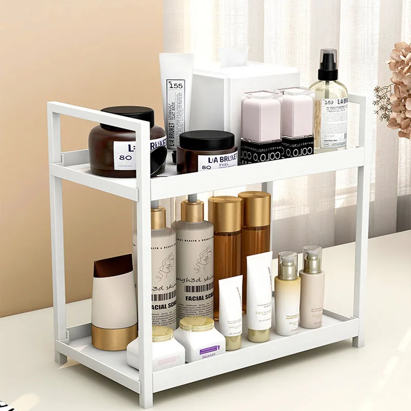 ออแกไนเซอร์เคาน์เตอร์ห้องน้ํา 2 ชั้น, ชั้นวางเครื่องสําอาง PP และเหล็กสําหรับผลิตภัณฑ์บํารุงผิวแต่งหน้า, ประหยัดพื้นที่เดสก์ท็อปสีดํา/สีขาว 1