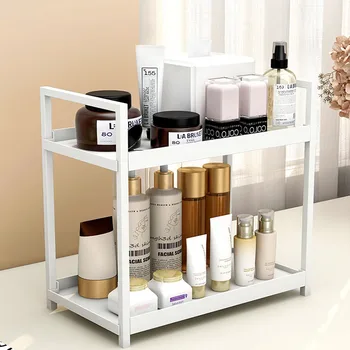 ออแกไนเซอร์เคาน์เตอร์ห้องน้ํา 2 ชั้น, ชั้นวางเครื่องสําอาง PP และเหล็กสําหรับผลิตภัณฑ์บํารุงผิวแต่งหน้า, ประหยัดพื้นที่เดสก์ท็อปสีดํา/สีขาว 1